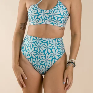Reversible High Waist Bottom - Blue Flowers / Bondi Blue